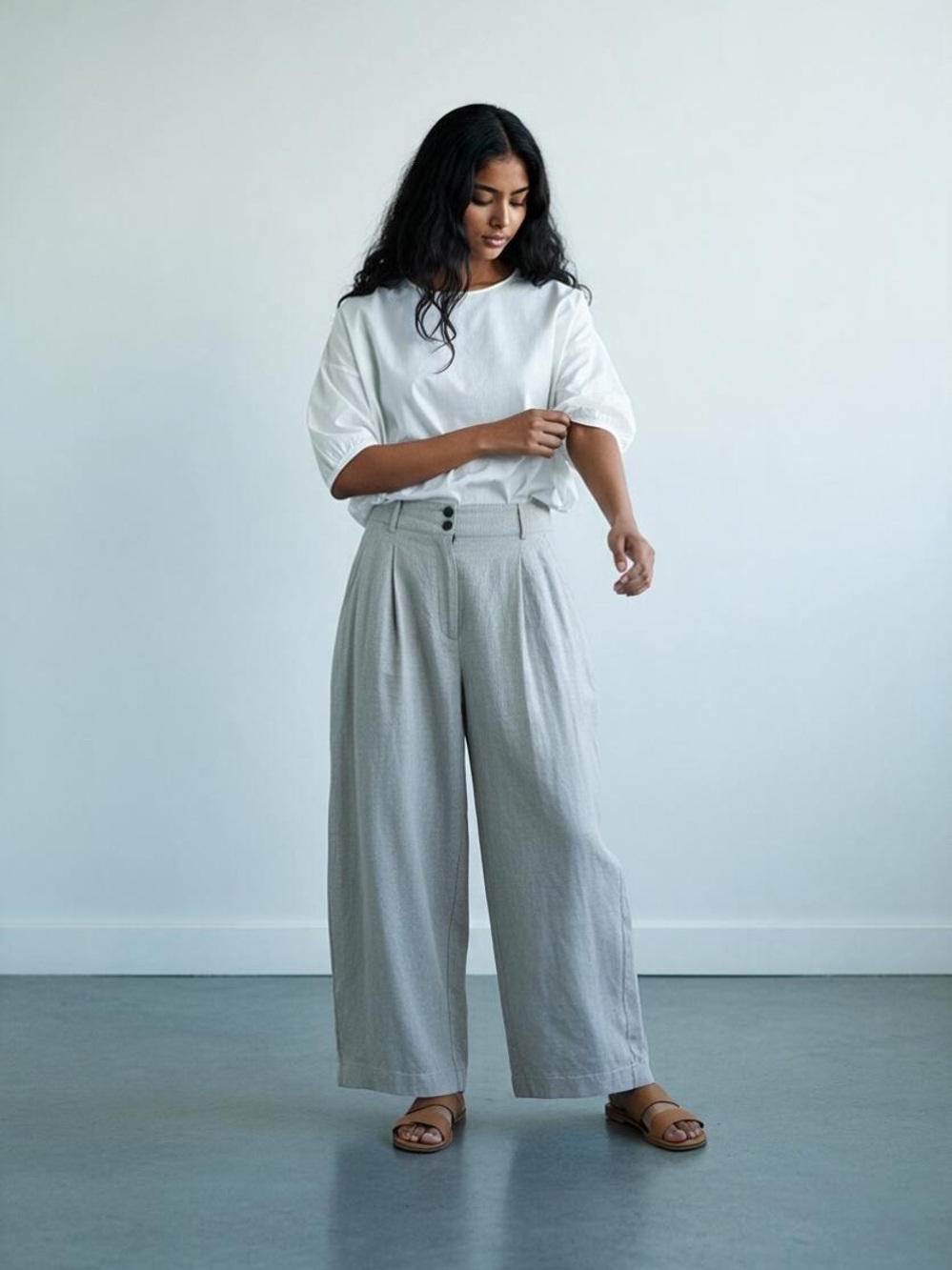 H&M Light Gray Wide-Leg Linen-Blend pants